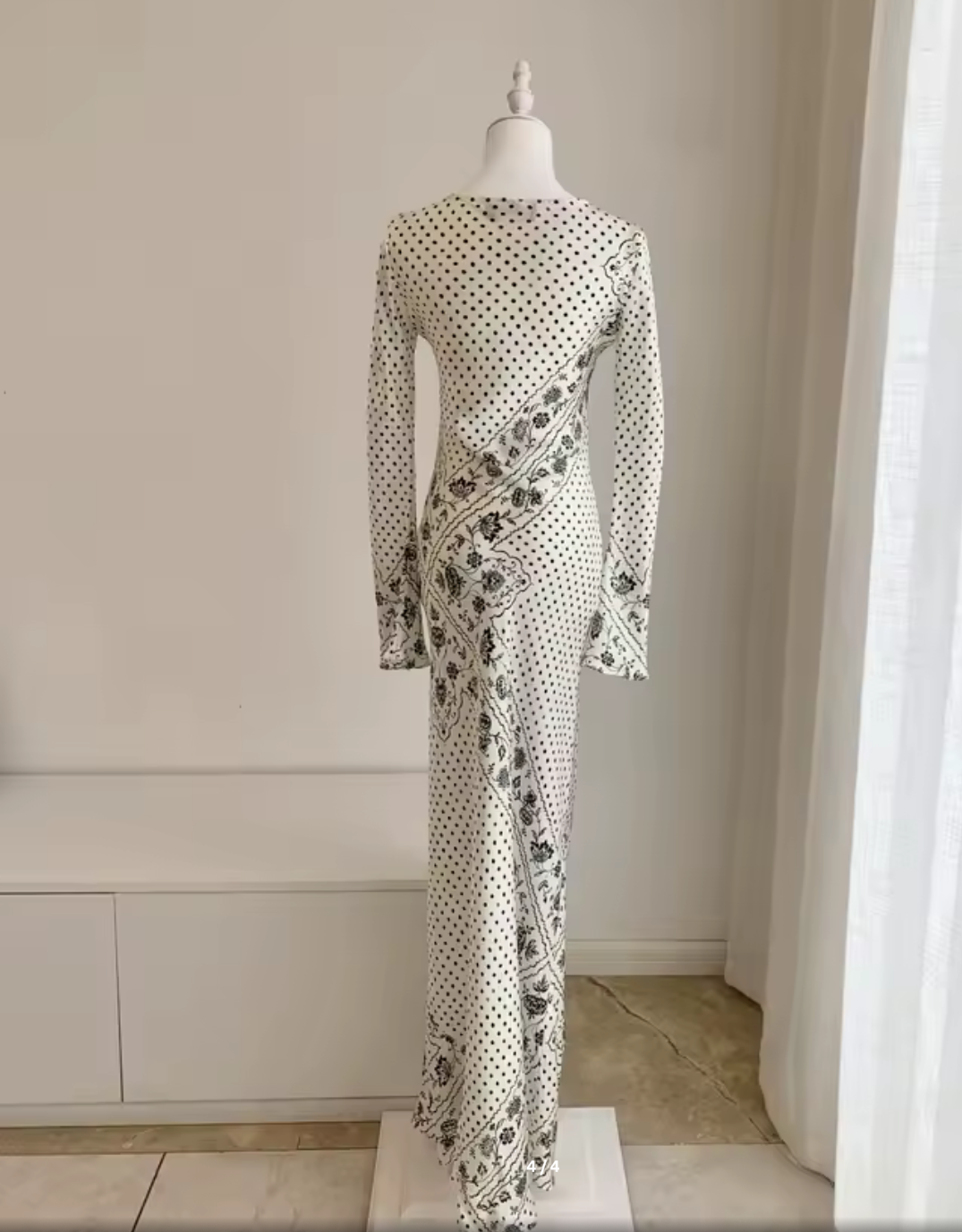 Beige Silk Polka Dot Maxi Dress – Boat Neck Long Sleeve Bias Cut Gown