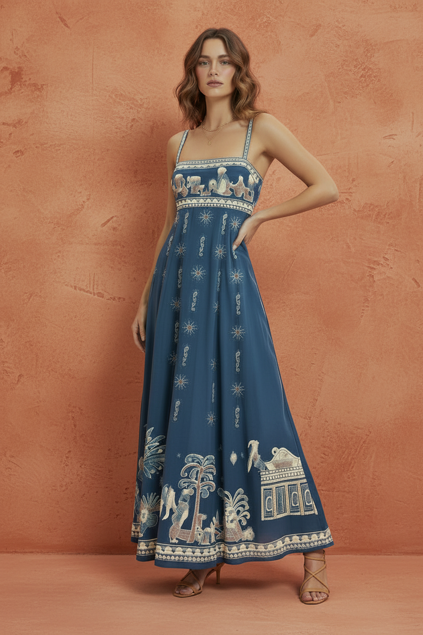 Blue Linen Strapless Maxi Dress