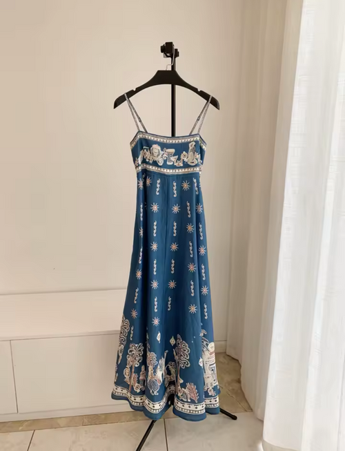 Blue Linen Strapless Maxi Dress