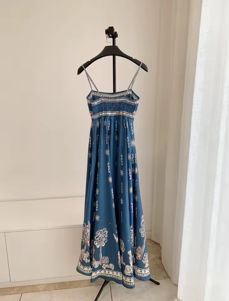 Blue Linen Strapless Maxi Dress