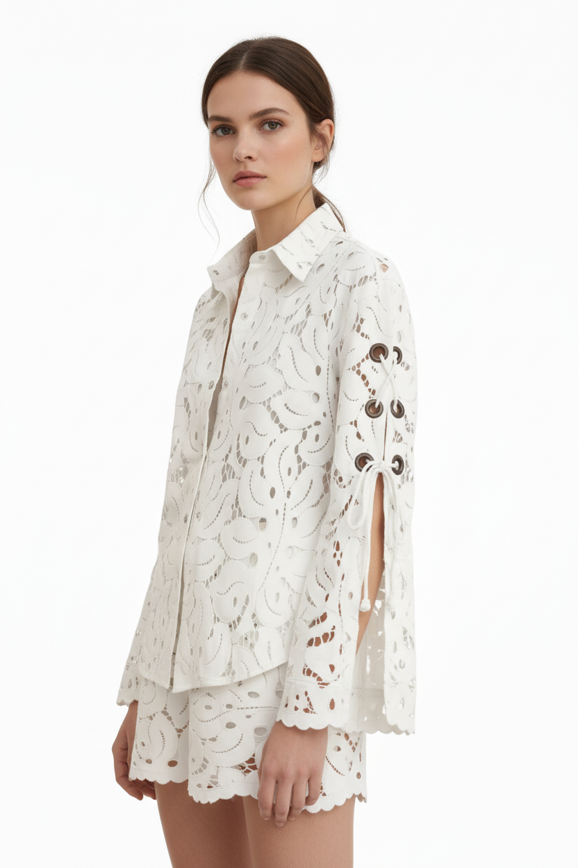White Eyelet Lace Shirt & Shorts Set