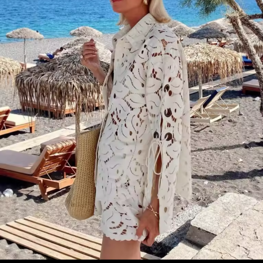 White Eyelet Lace Shirt & Shorts Set