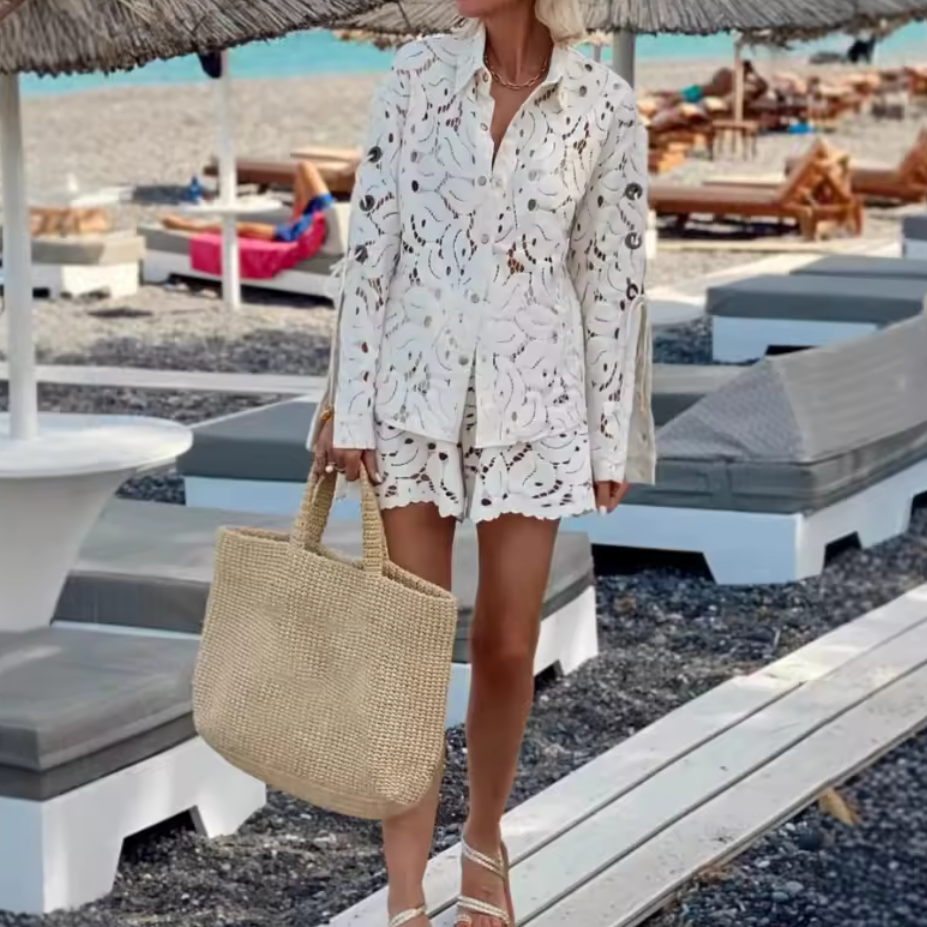 White Eyelet Lace Shirt & Shorts Set