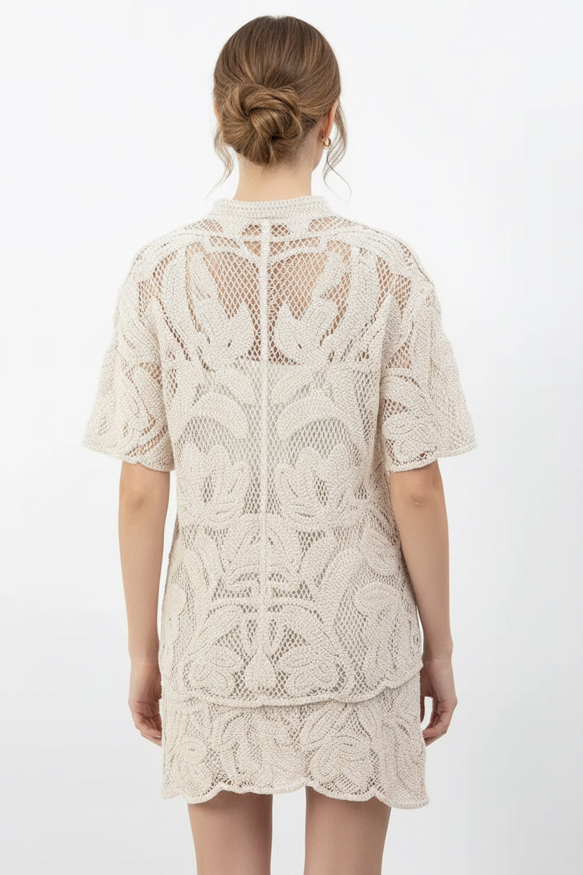 Beige Crochet Lace Shirt & Mini Skirt Set – Resort Chic Two-Piece Matching Set – Beige – Excellent Quality
