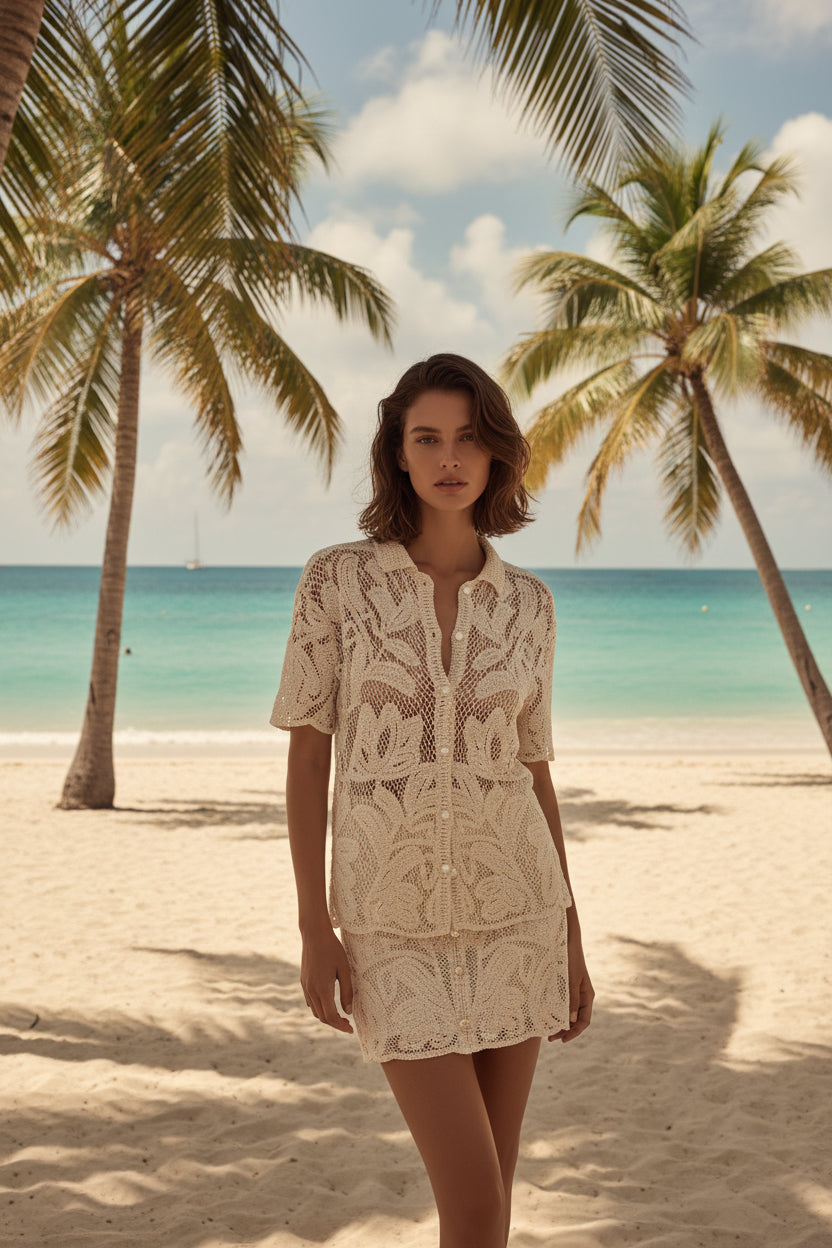 Beige Crochet Lace Shirt & Mini Skirt Set – Resort Chic Two-Piece Matching Set – Beige – Excellent Quality