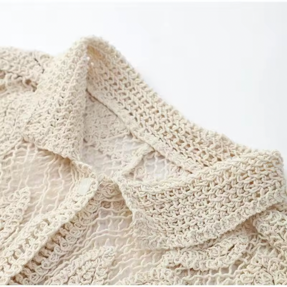 Beige Crochet Lace Shirt & Mini Skirt Set – Resort Chic Two-Piece Matching Set – Beige – Excellent Quality