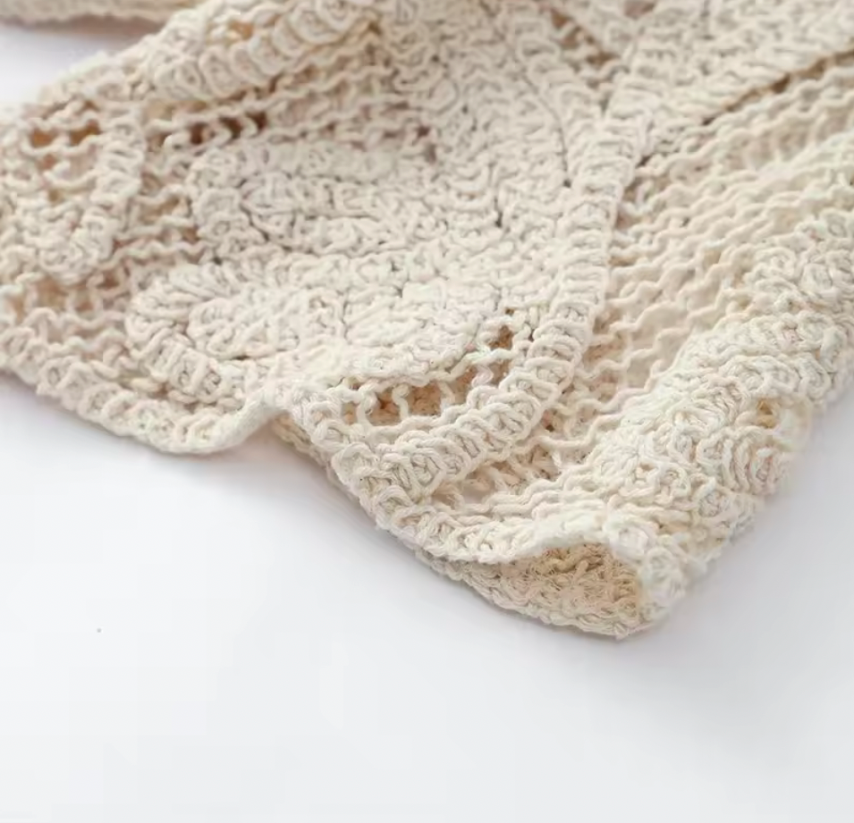 Beige Crochet Lace Shirt & Mini Skirt Set – Resort Chic Two-Piece Matching Set – Beige – Excellent Quality
