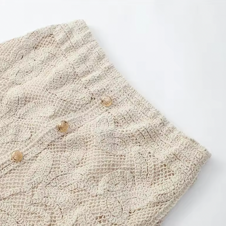 Beige Crochet Lace Shirt & Mini Skirt Set – Resort Chic Two-Piece Matching Set – Beige – Excellent Quality