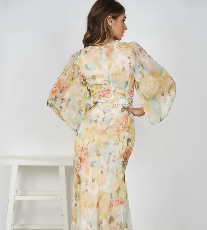 Floral V-Neck Chiffon Midi Dress
