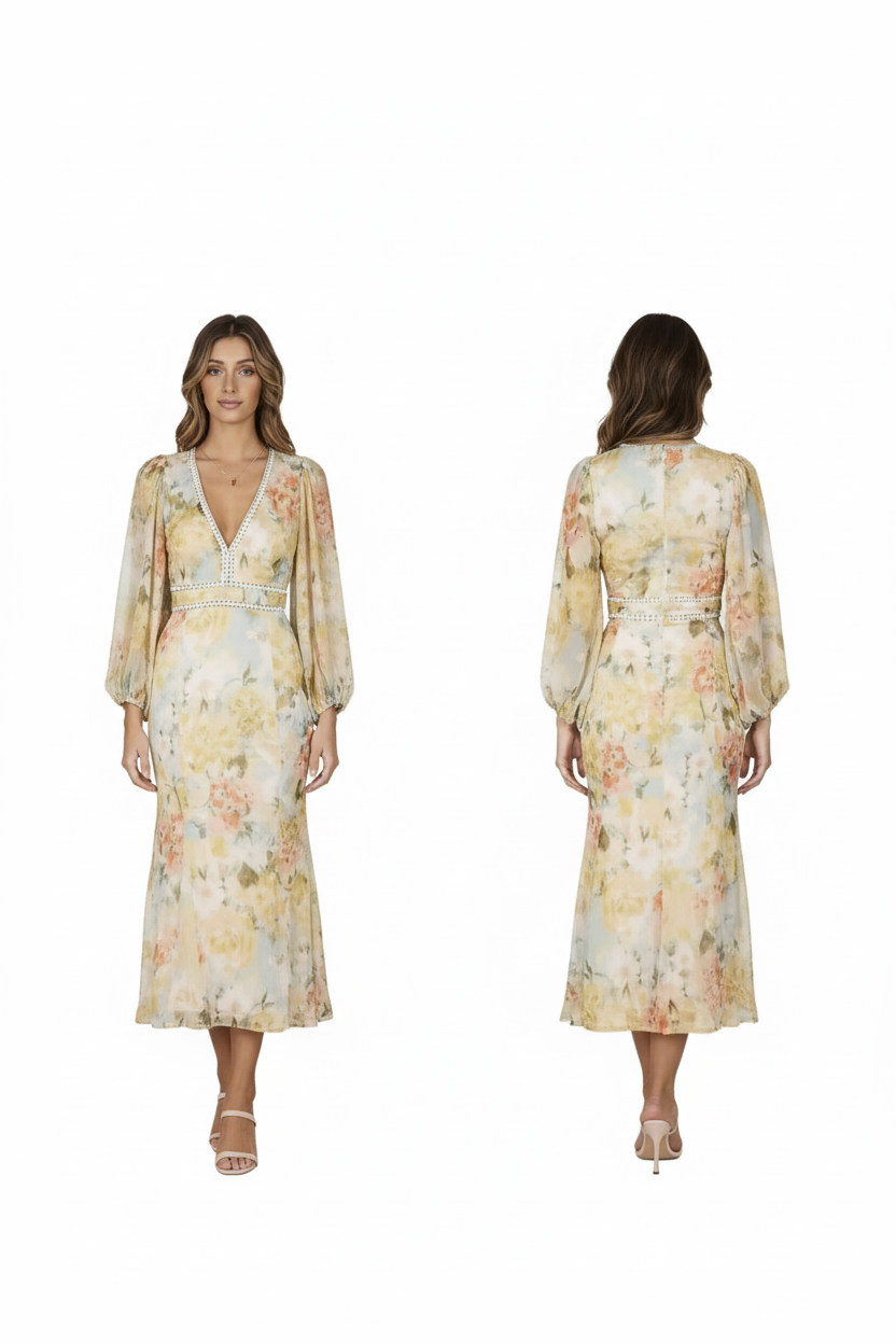 Floral V-Neck Chiffon Midi Dress