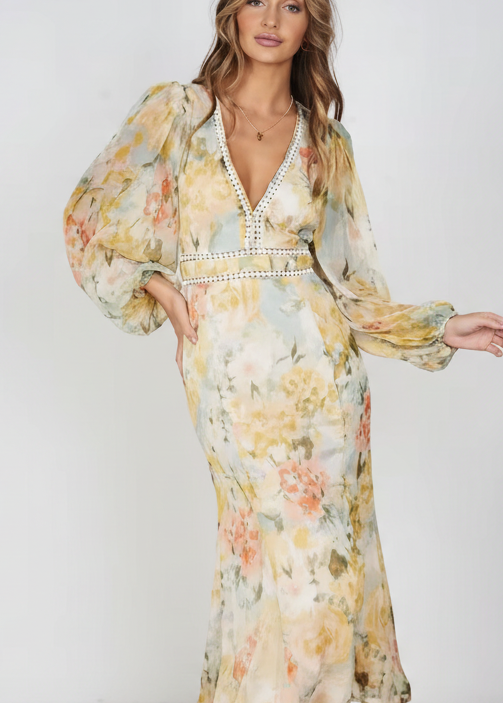 Floral V-Neck Chiffon Midi Dress
