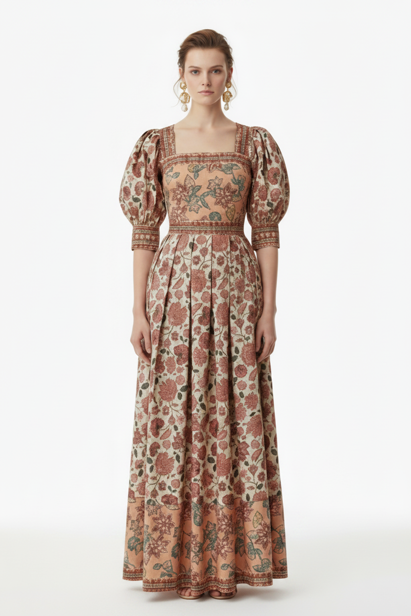 Bohemian Floral Puff Sleeve Crop Top & Maxi Skirt Set | Women’s Square Neck matching Summer Outfit