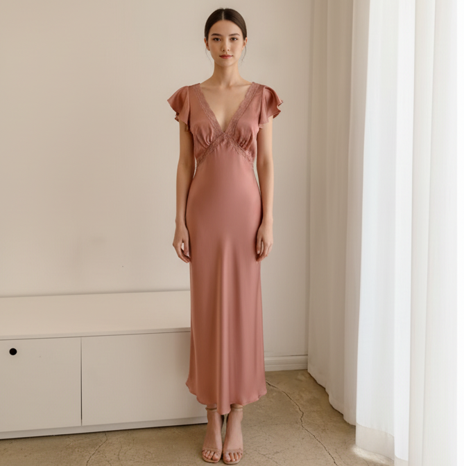 Silk V-Neck Bias Cut Midi Dress