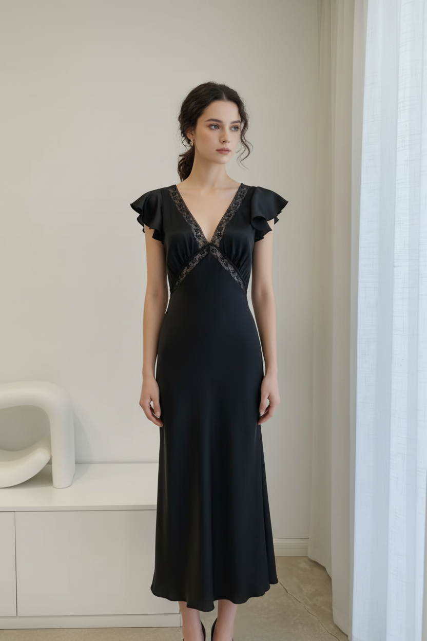 Silk V-Neck Bias Cut Midi Dress