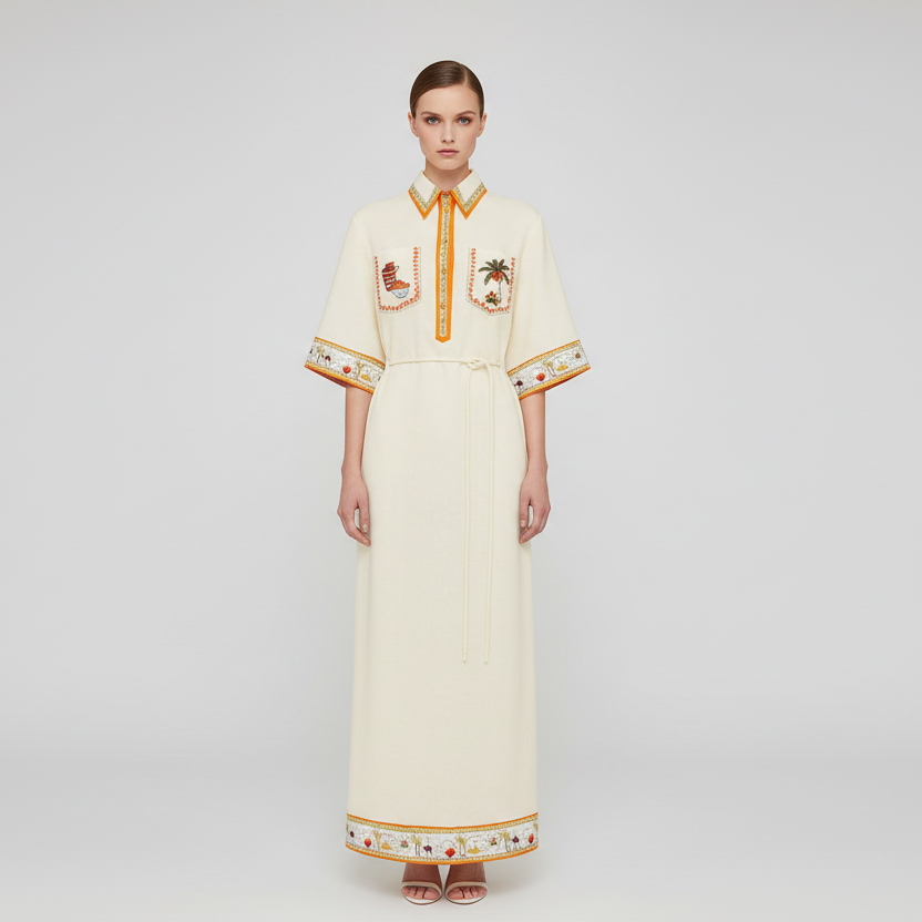 Palm Embroidered Linen Midi Dress