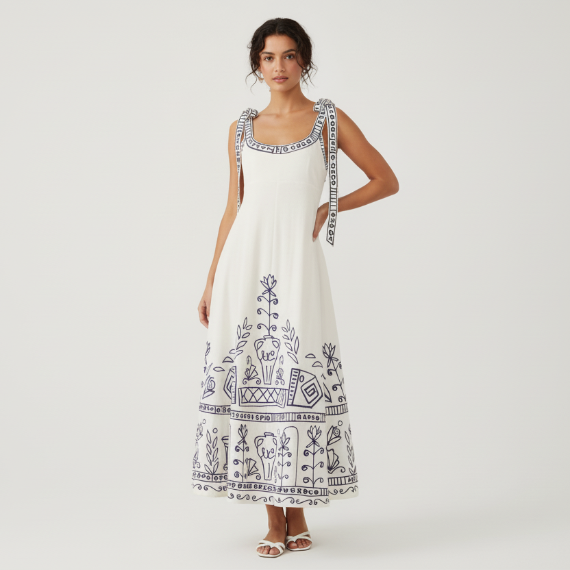 Tie Shoulder Linen Midi Dress