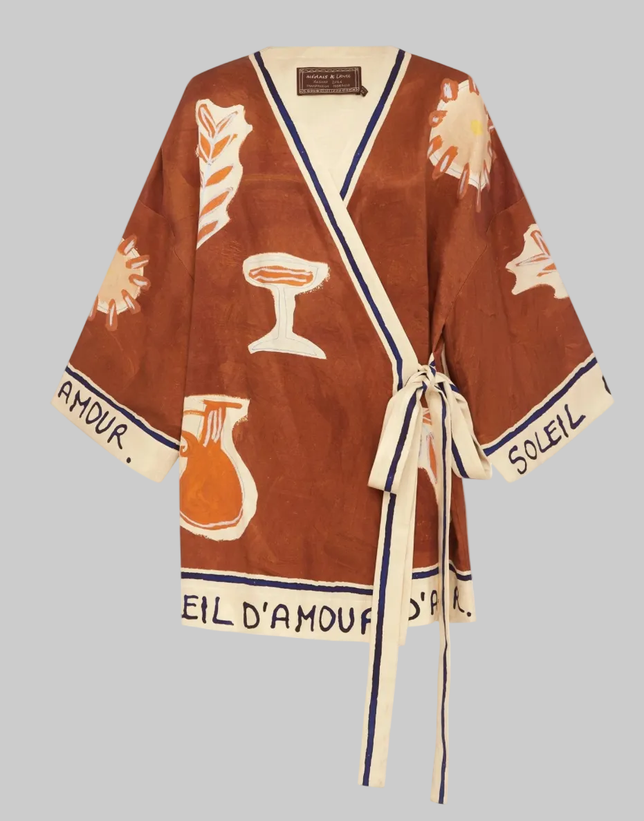 Hand-Drawn Bottle Print Silk Linen Blend Wrap Mini Dress