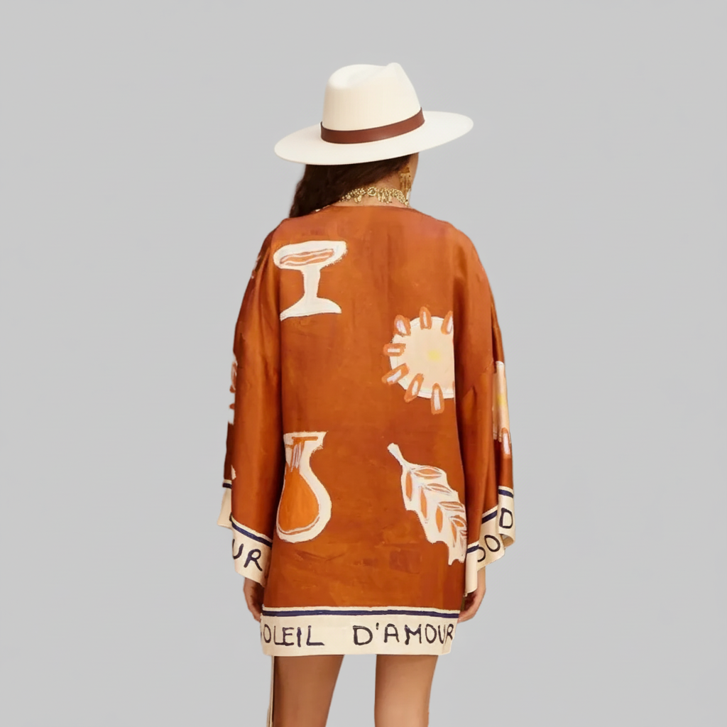 Hand-Drawn Bottle Print Silk Linen Blend Wrap Mini Dress