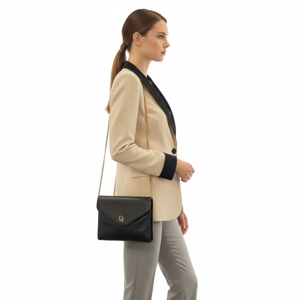 Christian Dior – Vintage Chain Shoulder Clutch – Black Leather with Gold-Tone Chain & “Dior”Logo – ✨ Previously Owned well kept Vintage Condition.