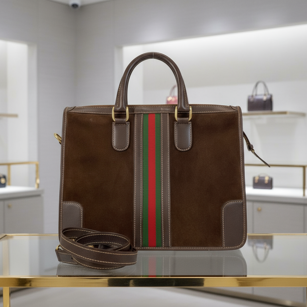 GUCCI – Sherry Line 2-Way Handbag / Tote – Suede &amp; Leather – Brown with Gold Hardware – Modern Collection – 100% Authentic ✨Previously Owned Excellent Condition ~41% Off MSRP