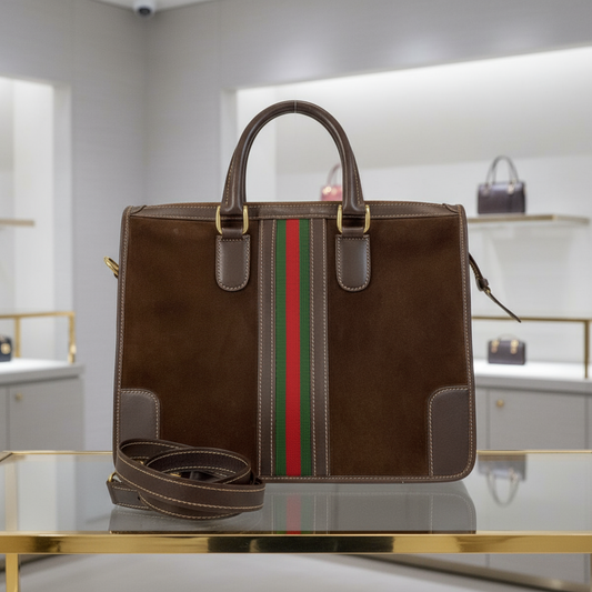 GUCCI – Sherry Line 2-Way Handbag / Tote – Suede &amp; Leather – Brown with Gold Hardware – Modern Collection – 100% Authentic ✨Previously Owned Excellent Condition ~41% Off MSRP