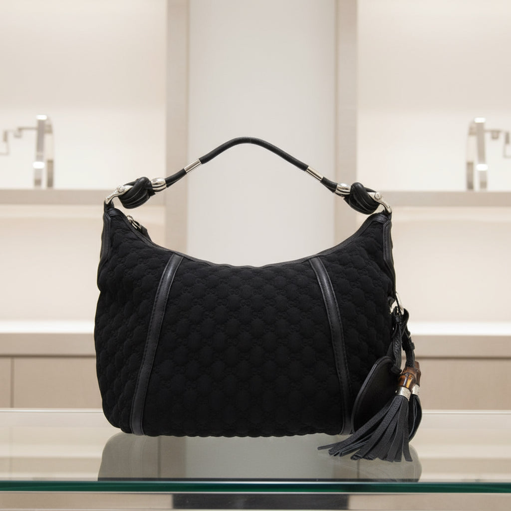 GUCCI – GG Logo One-Belt Fringe Bamboo Horsebit Hobo – Black Nylon – Modern Collection – 100% Authentic ✨Previously Owned Excellent Condition