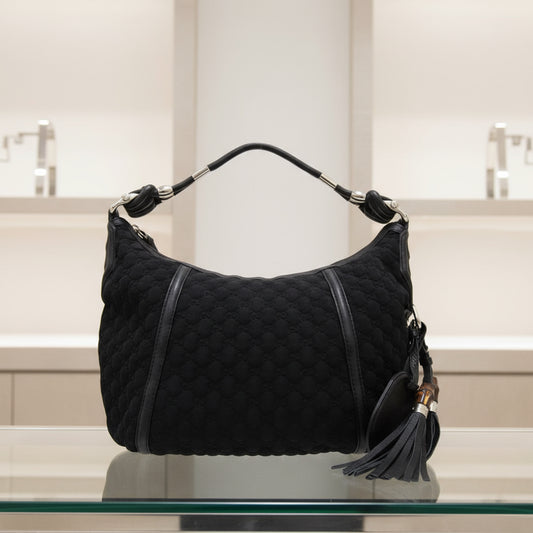 GUCCI – GG Logo One-Belt Fringe Bamboo Horsebit Hobo – Black Nylon – Modern Collection – 100% Authentic ✨Previously Owned Excellent Condition