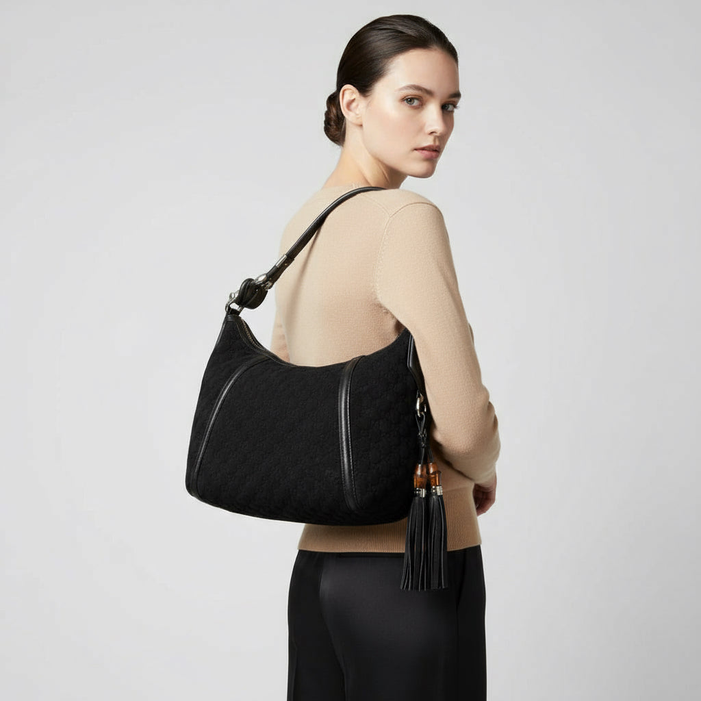 GUCCI – GG Logo One-Belt Fringe Bamboo Horsebit Hobo – Black Nylon – Modern Collection – 100% Authentic ✨Previously Owned Excellent Condition