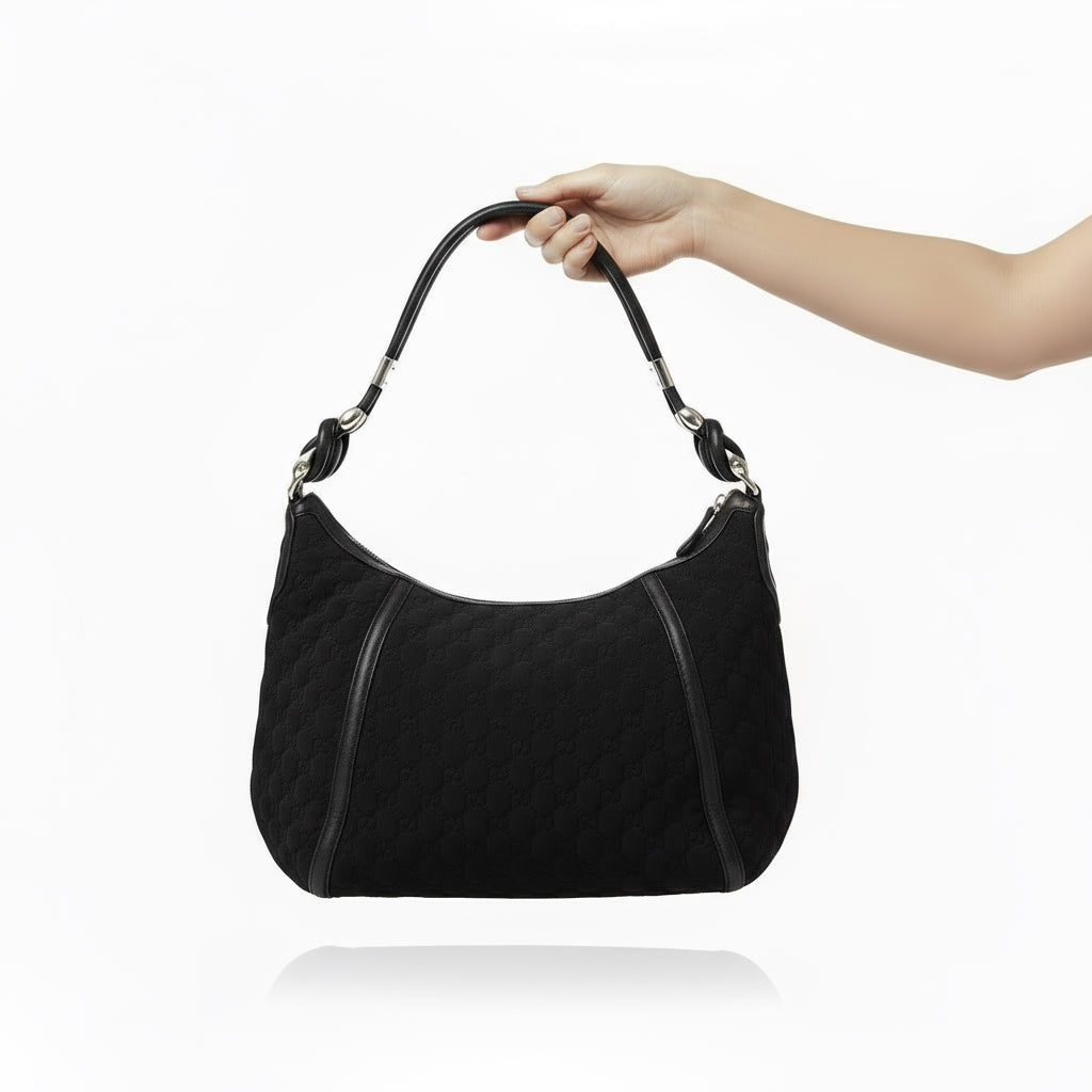 GUCCI – GG Logo One-Belt Fringe Bamboo Horsebit Hobo – Black Nylon – Modern Collection – 100% Authentic ✨Previously Owned Excellent Condition