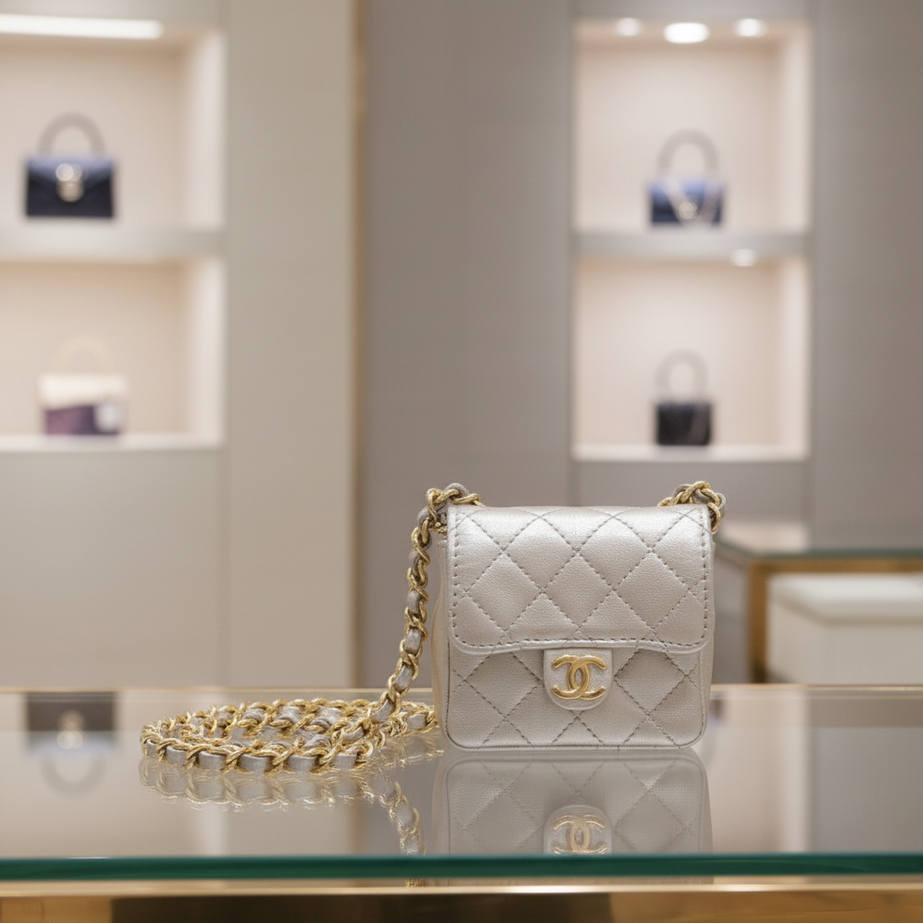 Chanel Chain Pochette Micro Line Calfskin Silver       100% Authentic ✨Very Good Pre-Owned Condition ~25% off MSRP