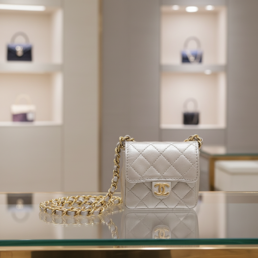 Chanel Chain Pochette Micro Line Calfskin Silver       100% Authentic ✨Very Good Pre-Owned Condition ~25% off MSRP