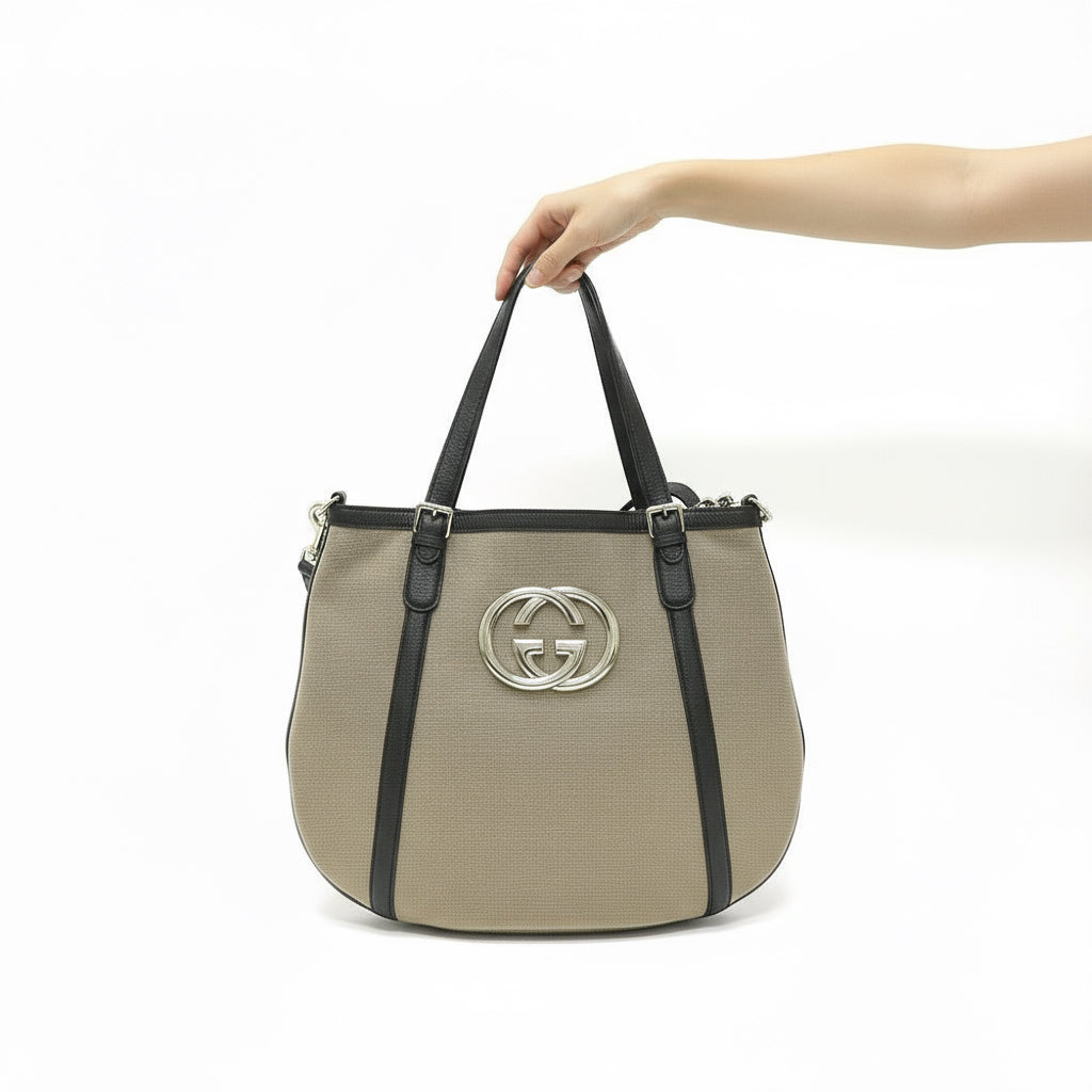 GUCCI – GG Logo 2-Way Tote Bag – Beige Canvas &amp; Leather with Shoulder Strap – 100% Authentic ✨Previously Owned Excellent Condition ~50% Off MSRP