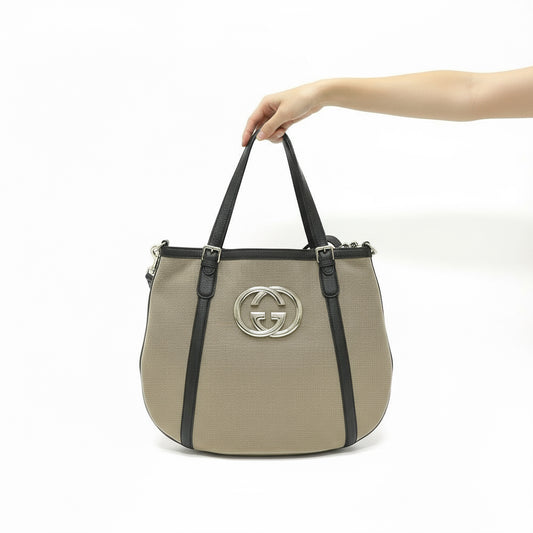 GUCCI – GG Logo 2-Way Tote Bag – Beige Canvas &amp; Leather with Shoulder Strap – 100% Authentic ✨Previously Owned Excellent Condition ~50% Off MSRP