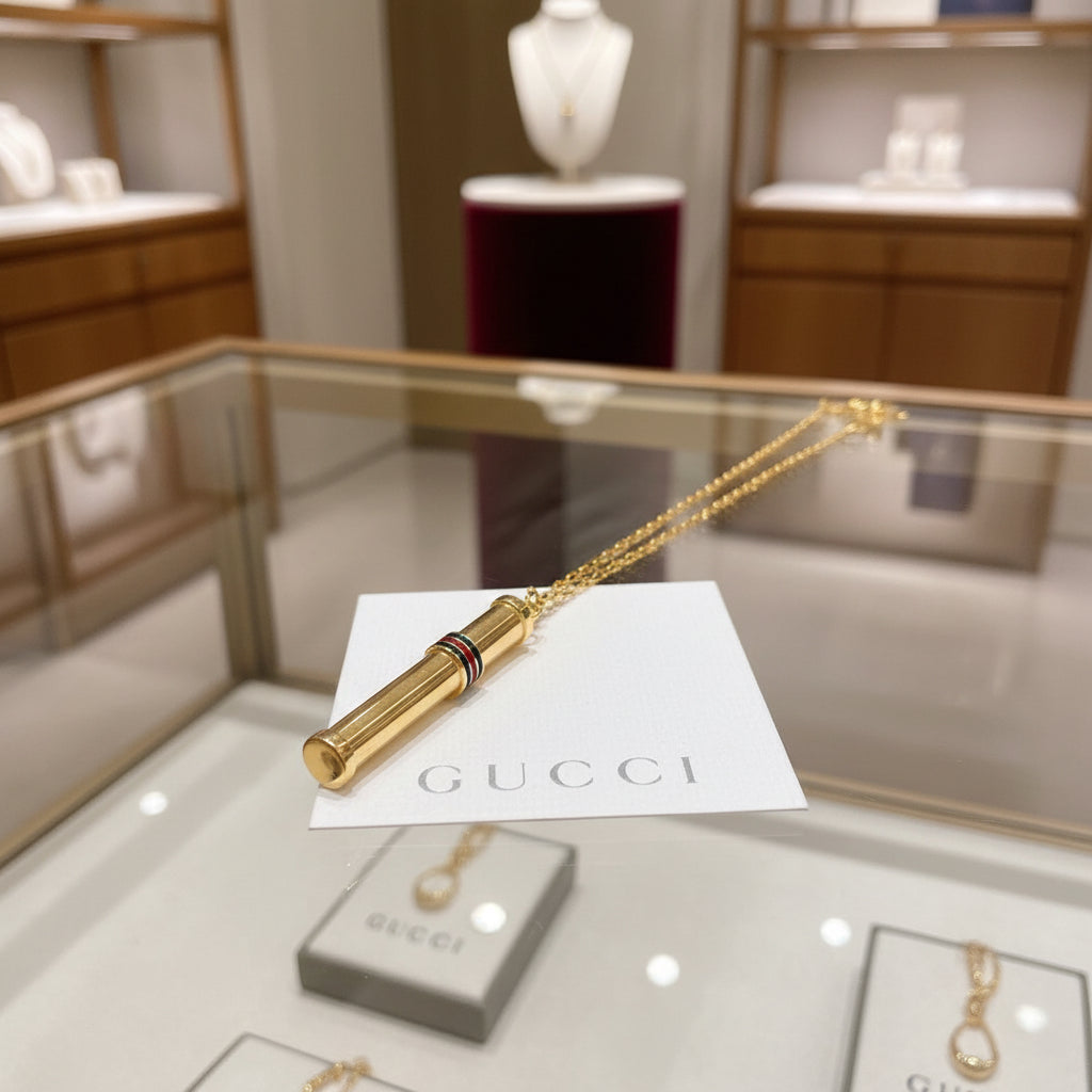 GUCCI – Gold-Plated Perfume Bottle Necklace – Sherry Line – Long 76cm Length – 100% Authentic ✨Previously Owned Excellent Condition ~
