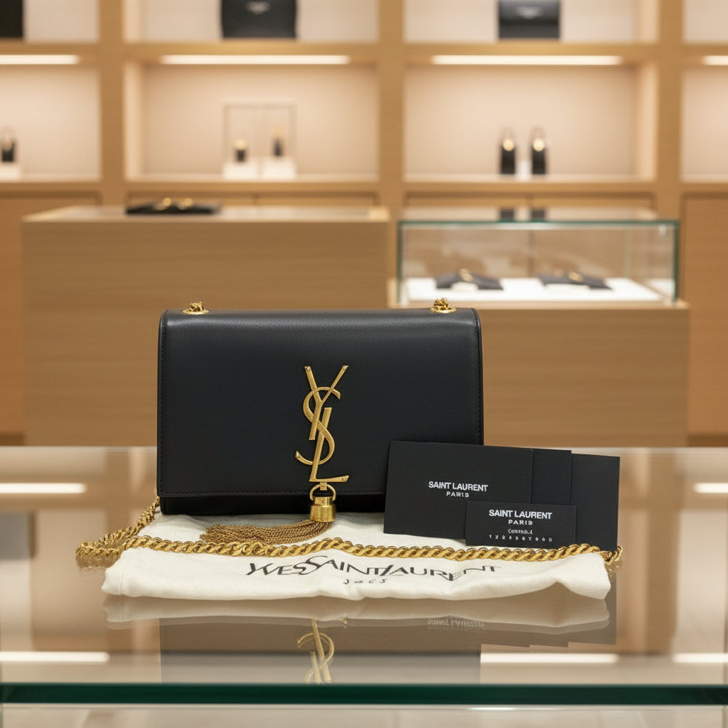 YVES SAINT LAURENT – Cassandra YSL Logo Shoulder Bag – Black Leather – Italy – 100% Authentic ✨Previously Owned Very Good Condition ~41% Off MSRP