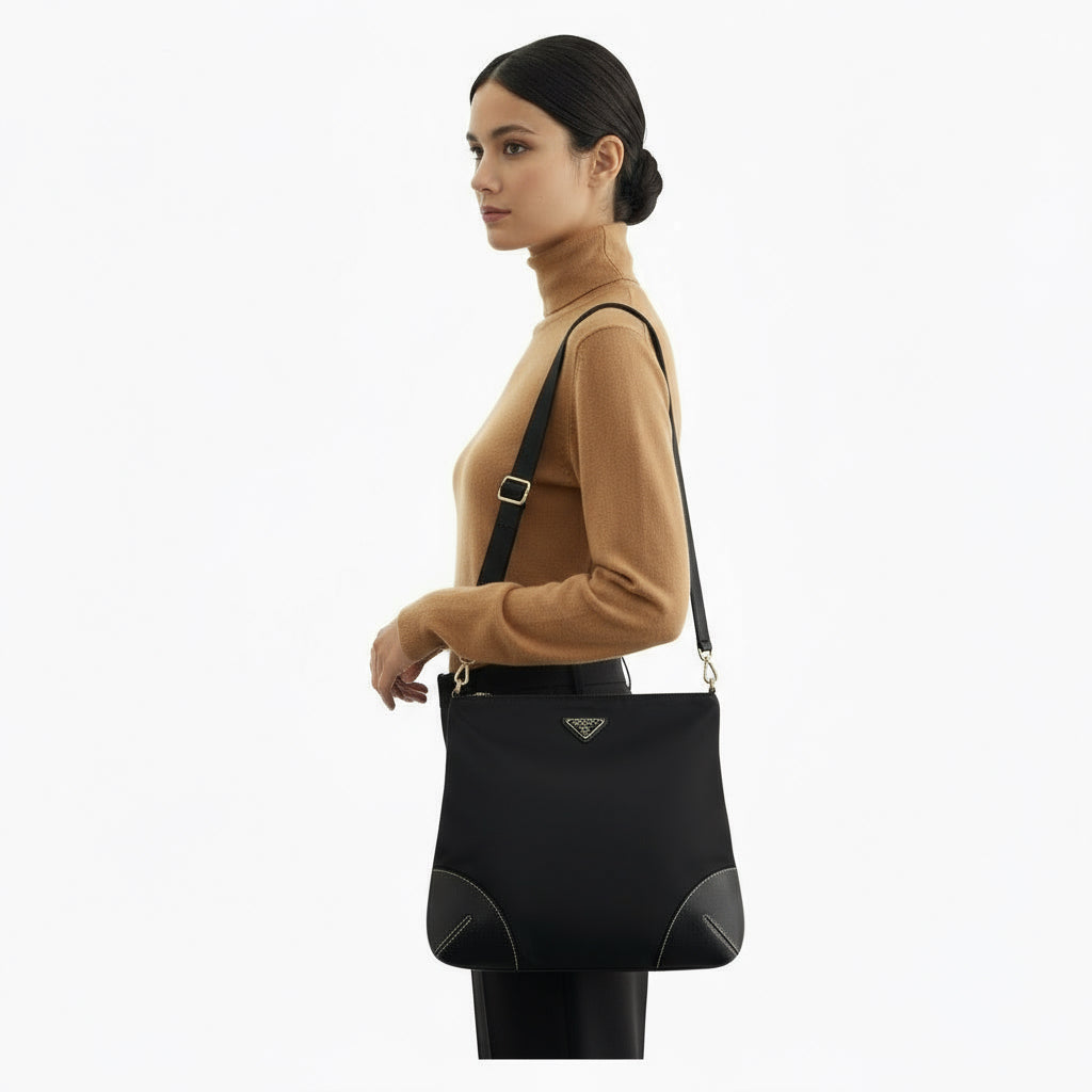 PRADA – Triangle Logo Pochette Shoulder Bag – Black Nylon Leather – Italy – 100% Authentic ✨Previously Owned Excellent Condition ~44% Off MSRP