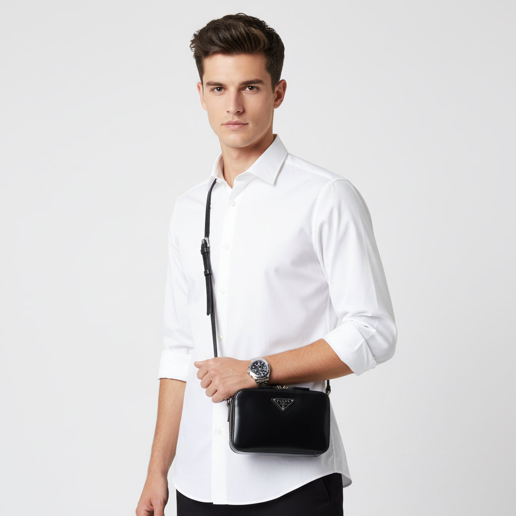 PRADA – Brick Shoulder Bag – Black Brushed Leather – Italy – 100% Authentic ✨Previously Owned Pristine Condition ~28% Off MSRP