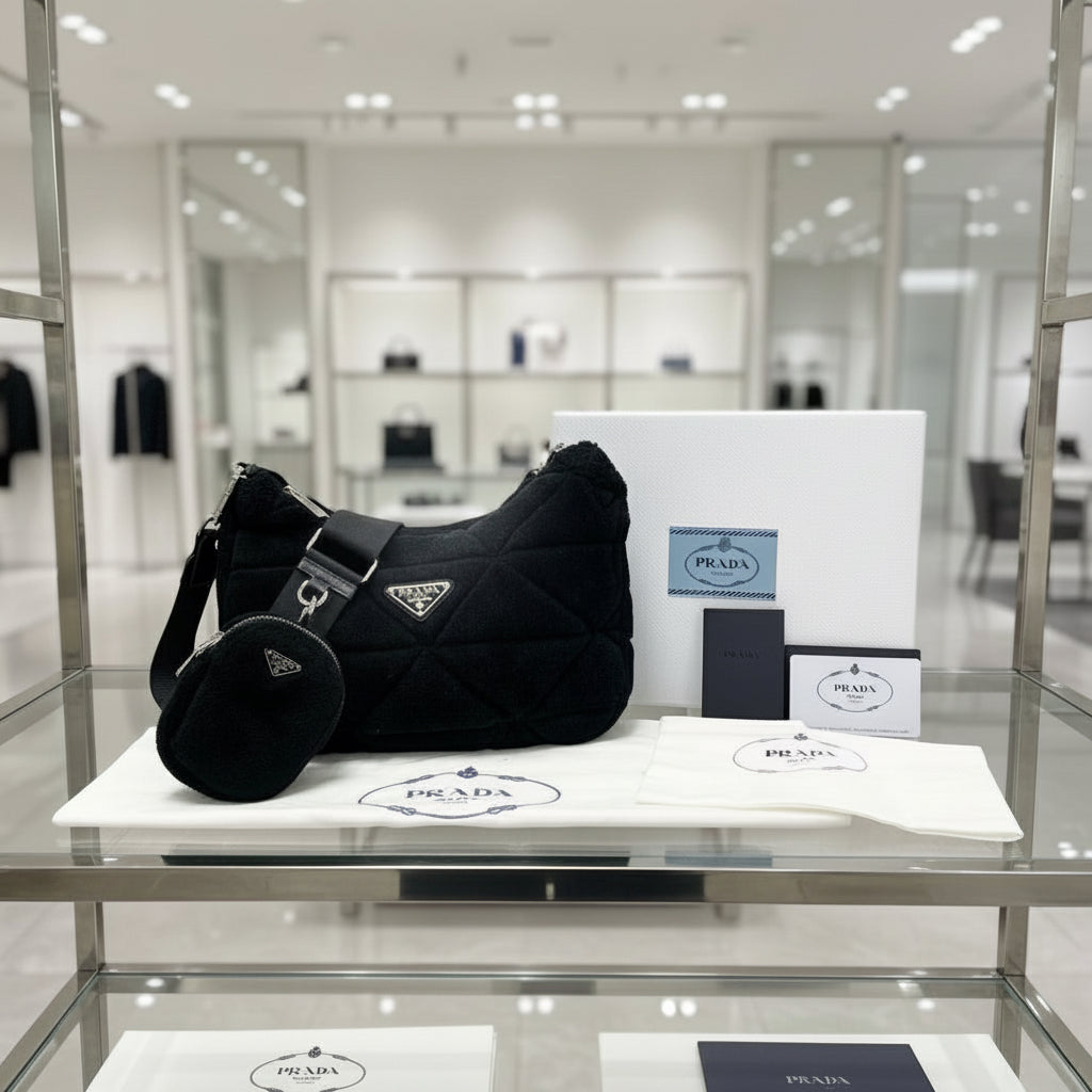 PRADA – Mouton, Nylon &amp; Leather Triangle Logo Shoulder Bag – Black with Silver Hardware – 100% Authentic ✨Previously Owned Very Good Condition ~38% Off MSRP