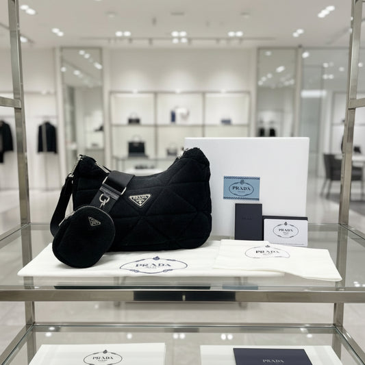 PRADA – Mouton, Nylon &amp; Leather Triangle Logo Shoulder Bag – Black with Silver Hardware – 100% Authentic ✨Previously Owned Very Good Condition ~38% Off MSRP