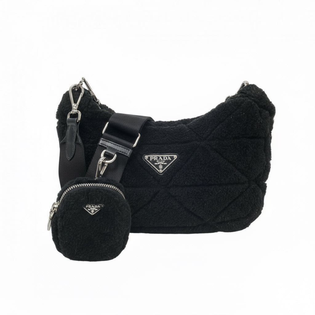 PRADA – Mouton, Nylon &amp; Leather Triangle Logo Shoulder Bag – Black with Silver Hardware – 100% Authentic ✨Previously Owned Very Good Condition ~38% Off MSRP