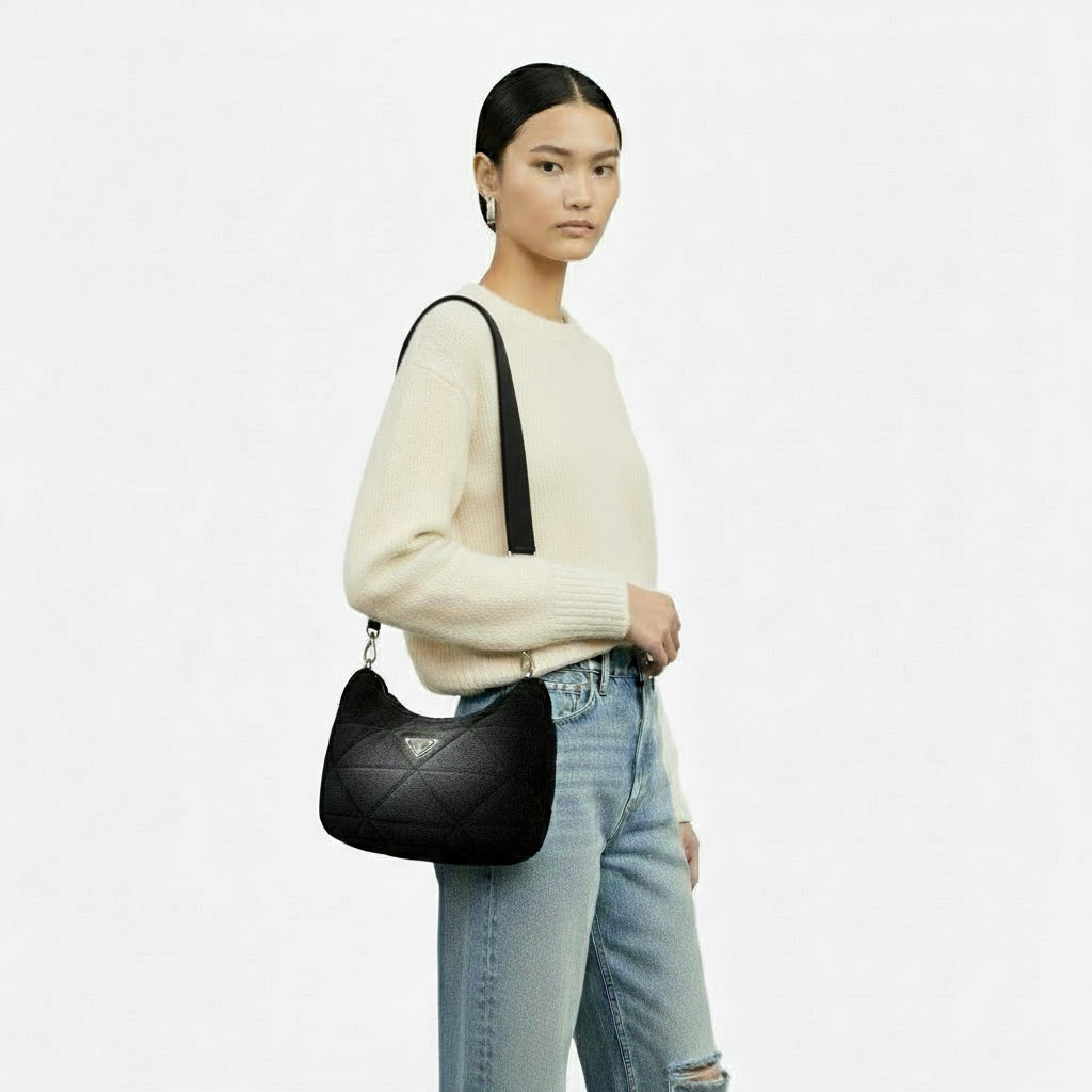 PRADA – Mouton, Nylon &amp; Leather Triangle Logo Shoulder Bag – Black with Silver Hardware – 100% Authentic ✨Previously Owned Very Good Condition ~38% Off MSRP