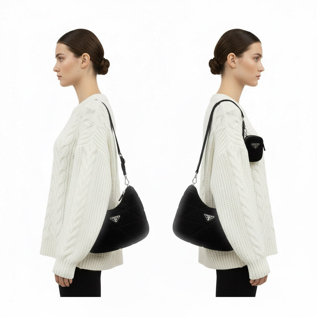 PRADA – Mouton, Nylon &amp; Leather Triangle Logo Shoulder Bag – Black with Silver Hardware – 100% Authentic ✨Previously Owned Very Good Condition ~38% Off MSRP