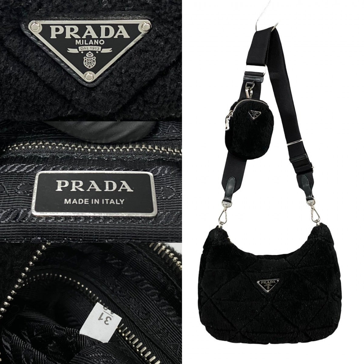 PRADA – Mouton, Nylon &amp; Leather Triangle Logo Shoulder Bag – Black with Silver Hardware – 100% Authentic ✨Previously Owned Very Good Condition ~38% Off MSRP