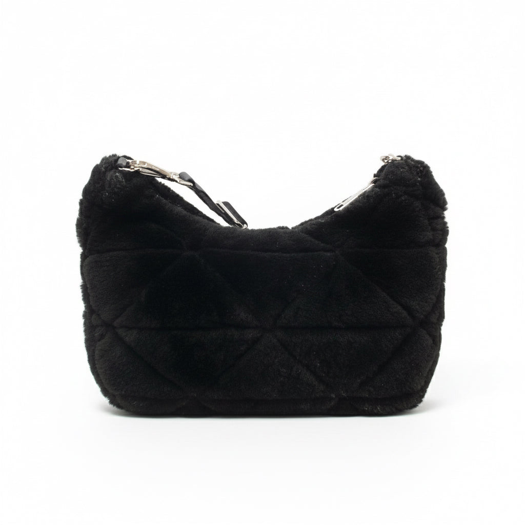 PRADA – Mouton, Nylon &amp; Leather Triangle Logo Shoulder Bag – Black with Silver Hardware – 100% Authentic ✨Previously Owned Very Good Condition ~38% Off MSRP