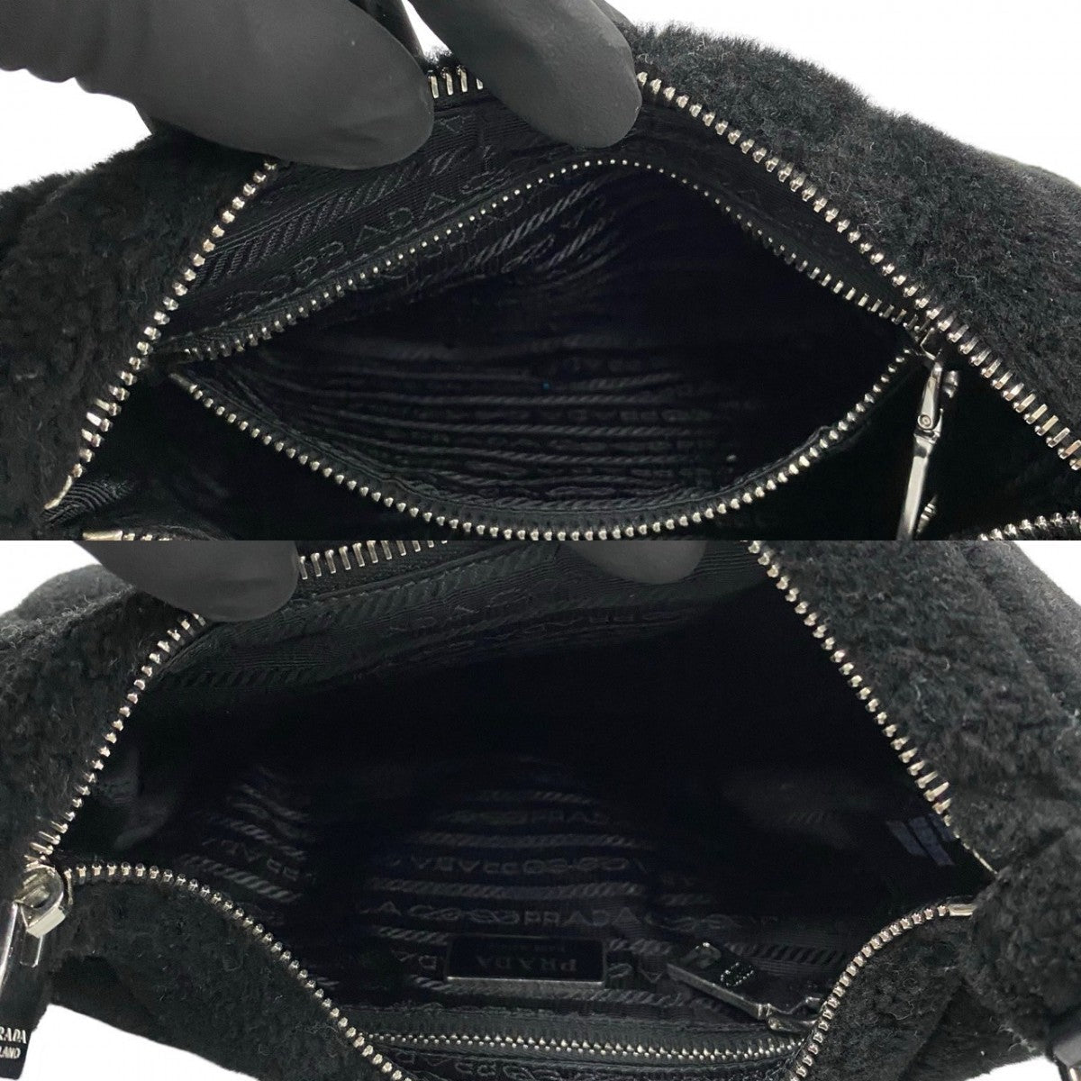 PRADA – Mouton, Nylon &amp; Leather Triangle Logo Shoulder Bag – Black with Silver Hardware – 100% Authentic ✨Previously Owned Very Good Condition ~38% Off MSRP