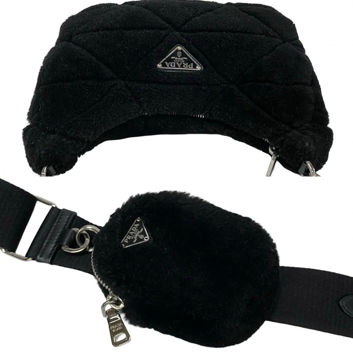 PRADA – Mouton, Nylon &amp; Leather Triangle Logo Shoulder Bag – Black with Silver Hardware – 100% Authentic ✨Previously Owned Very Good Condition ~38% Off MSRP