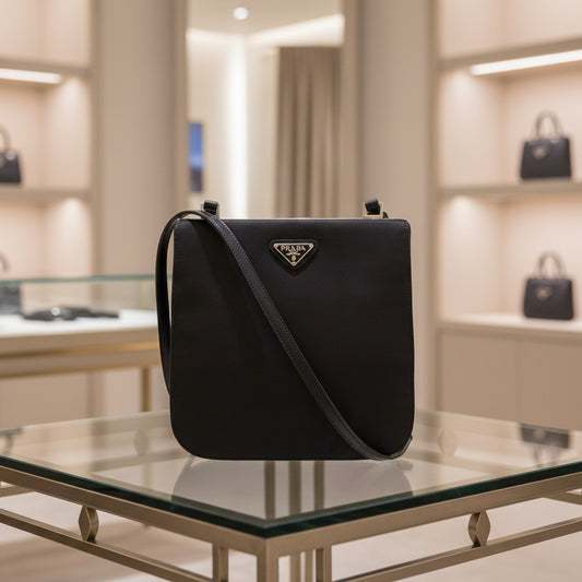 PRADA – Nylon Shoulder Pochette with Triangle Logo – Black with Silver Hardware – 100% Authentic ✨Previously Owned Very Good Condition ~40% Off MSRP