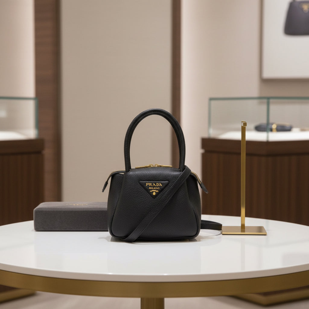 PRADA – Black Leather 2WAY Structured Handbag – With Shoulder Strap kk– 100% Authentic ✨Previously Owned Very Good Condition ~36% Off MSRP