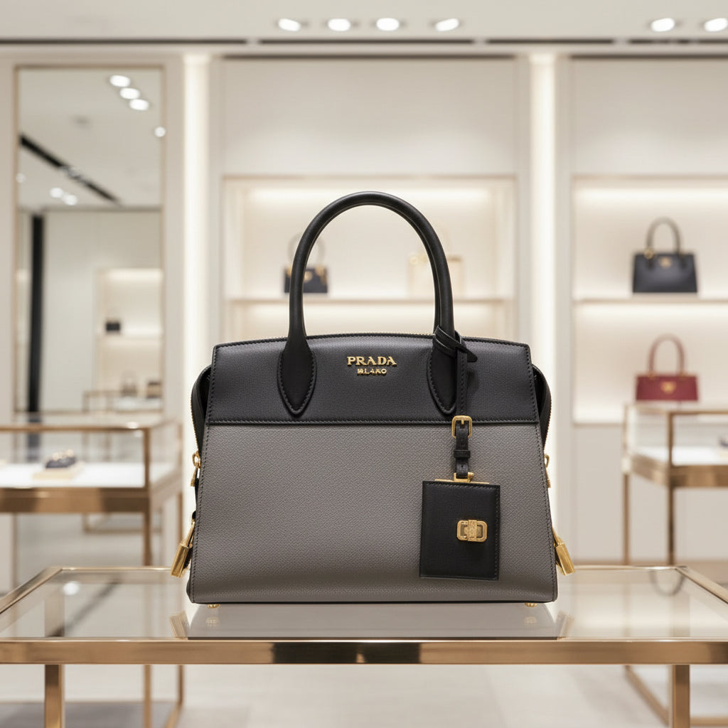 PRADA – Esplanade Bicolor 2WAY Tote Bag Saffiano Leather Gray with Gold Hardware – 100% Authentic ✨Previously Owned Very Good Condition ~41% Off MSRP