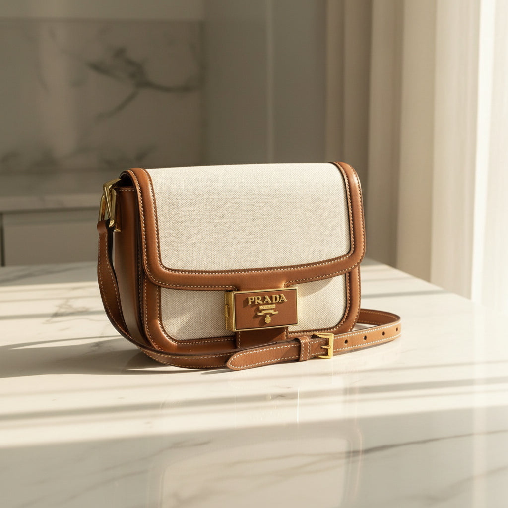 PRADA – Canvas & Leather Shoulder Bag – Beige with Gold Hardware – 100% Authentic ✨Previously Owned Very Good Condition ~39% Off MSRP